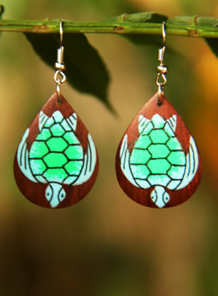 Dřevěné malované náušnice, želvičky tyrkysové | PachaMama.cz