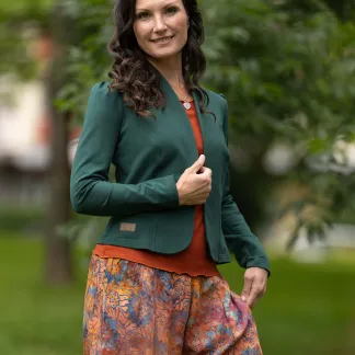 Maya – dámské sako s řaseným rukávem, tmavě zelená barva | PachaMama.cz